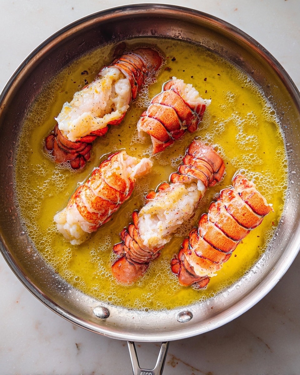 The image shows a silver pan on a white marbled surface, holding four lobster tails being cooked in melted yellow butter. Each lobster tail is split open, revealing the white and pink meat inside with bright red shells curling around the edges. The butter pools around the lobster, creating small bubbles and a shiny texture. The lobster tails are arranged spread out inside the pan, showing distinct segments and a slightly translucent look on the meat. The pan’s handle is visible at the bottom right, and the scene is lit brightly to highlight the colors and textures of the lobster and butter. Photo taken with an iphone --ar 4:5 --v 7
