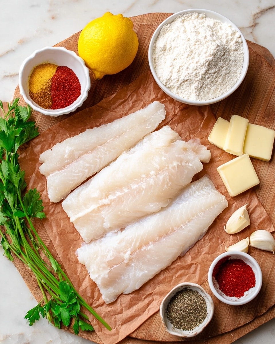 The image shows three raw white fish fillets placed on a piece of brown parchment paper on a wooden board. To the top right, several small slices of pale yellow butter and three garlic cloves are visible. A white bowl with five different powdered spices in red, black, off-white, and light yellow shades is set near the top left. Above the bowl of spices is a white bowl filled with white flour. Fresh green parsley sprigs and a bright yellow lemon are placed to the left side of the board. The background is changed to white marbled texture. photo taken with an iphone --ar 4:5 --v 7