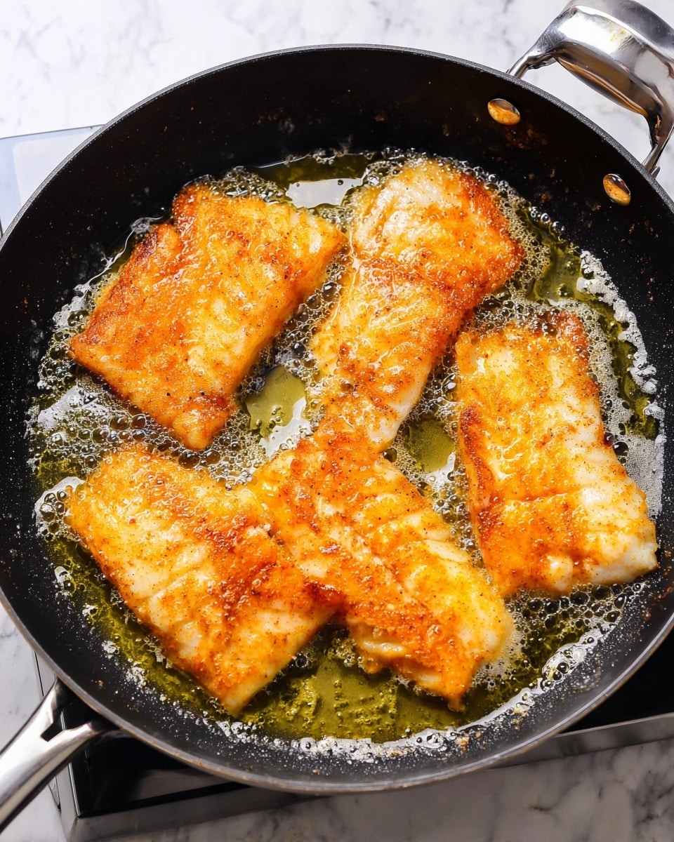 The image shows four pieces of golden brown fish fillets cooking in a black pan filled with bubbling melted butter. Each fillet has a warm orange color from the seasoning and a slightly crispy texture on the top surface. The pan handles stick out on both sides, and the heat creates small bubbles around the fish. The background has a white marbled texture. photo taken with an iphone --ar 4:5 --v 7