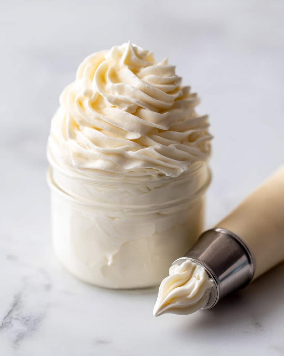 A clear glass jar filled with a thick, smooth creamy white frosting layered inside and topped with a large swirl of the same frosting that creates soft waves and peaks on top, sitting on a white marbled surface. Next to the jar, there is a metal piping tip attached to a cream-colored piping bag with some frosting on the tip. The focus is on the texture and swirl of the frosting. photo taken with an iphone --ar 4:5 --v 7