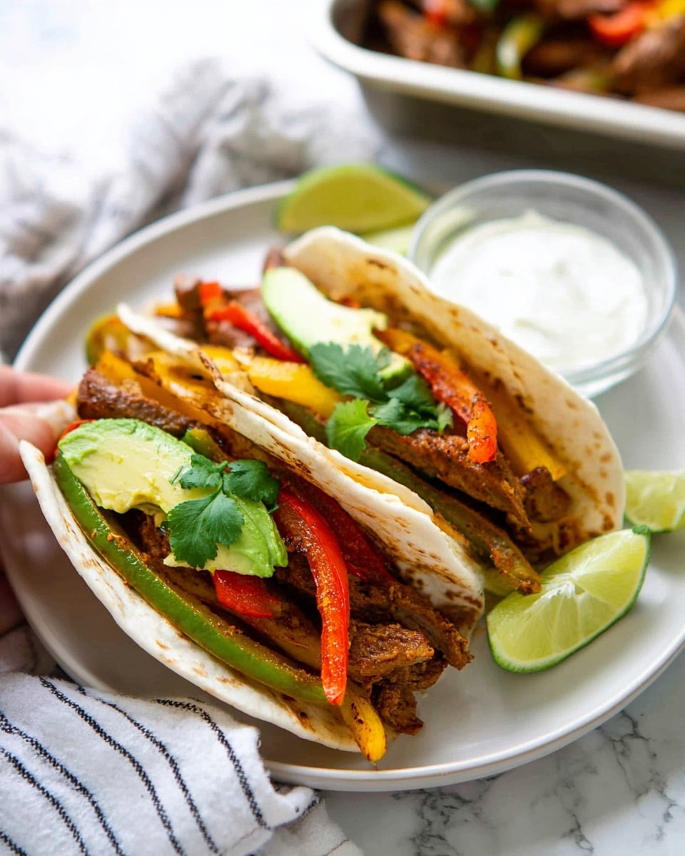 Two soft white tortillas folded and filled with three main layers: bottom layer of grilled brown meat strips, middle layer of sautéed red, yellow, and green bell pepper slices, and top layer of bright green avocado slices and fresh cilantro leaves. The tacos rest on a white plate set on a white marbled textured surface, with two lime wedges and a clear small bowl of white sauce beside them. A woman's hand holding one taco is visible in the background near a container of similar food. The scene is brightly lit. photo taken with an iphone --ar 4:5 --v 7