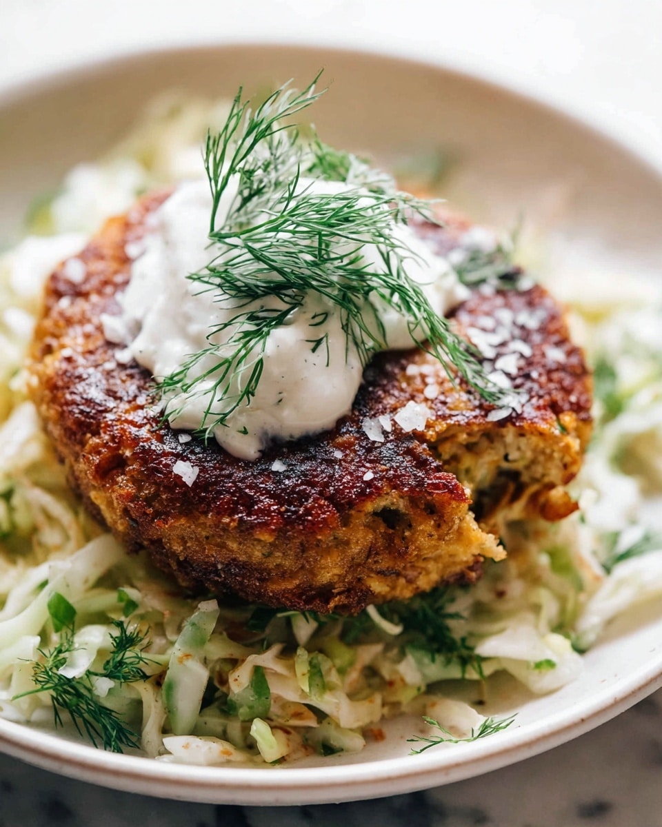 A single thick, round patty with a crispy, browned outer layer sits on a bed of shredded cabbage mixed with green herbs, all on a white plate. The patty is topped with a dollop of smooth white sauce, sprinkled with flakes of coarse salt, and garnished with fresh green dill sprigs. The patty’s inside shows a moist, grainy texture with visible herbs. The plate rests on a white marbled surface. Photo taken with an iphone --ar 4:5 --v 7