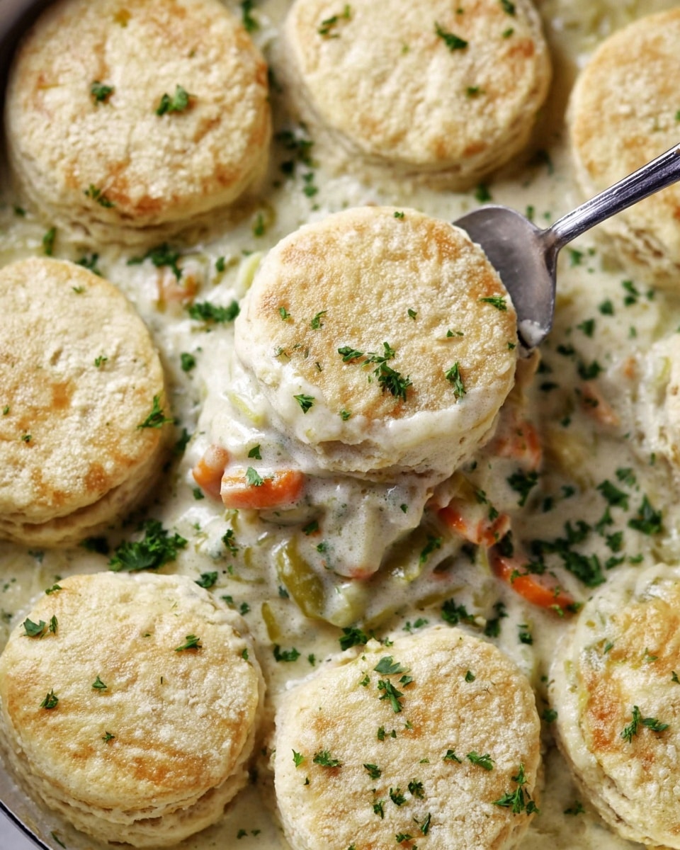 The image shows a close-up of a dish with round, light golden biscuits arranged on top of a creamy stew. The stew has small pieces of orange carrot and green herbs mixed in a thick white sauce. Each biscuit has a soft texture with a dusting of flour on top and small green parsley sprinkled over. A spoon lifts one biscuit slightly, showing the creamy stew beneath with visible chunks of vegetables and herbs. The overall color is warm and inviting with a mix of soft beige, orange, and green shades. The background is a white marbled texture photo taken with an iphone --ar 4:5 --v 7