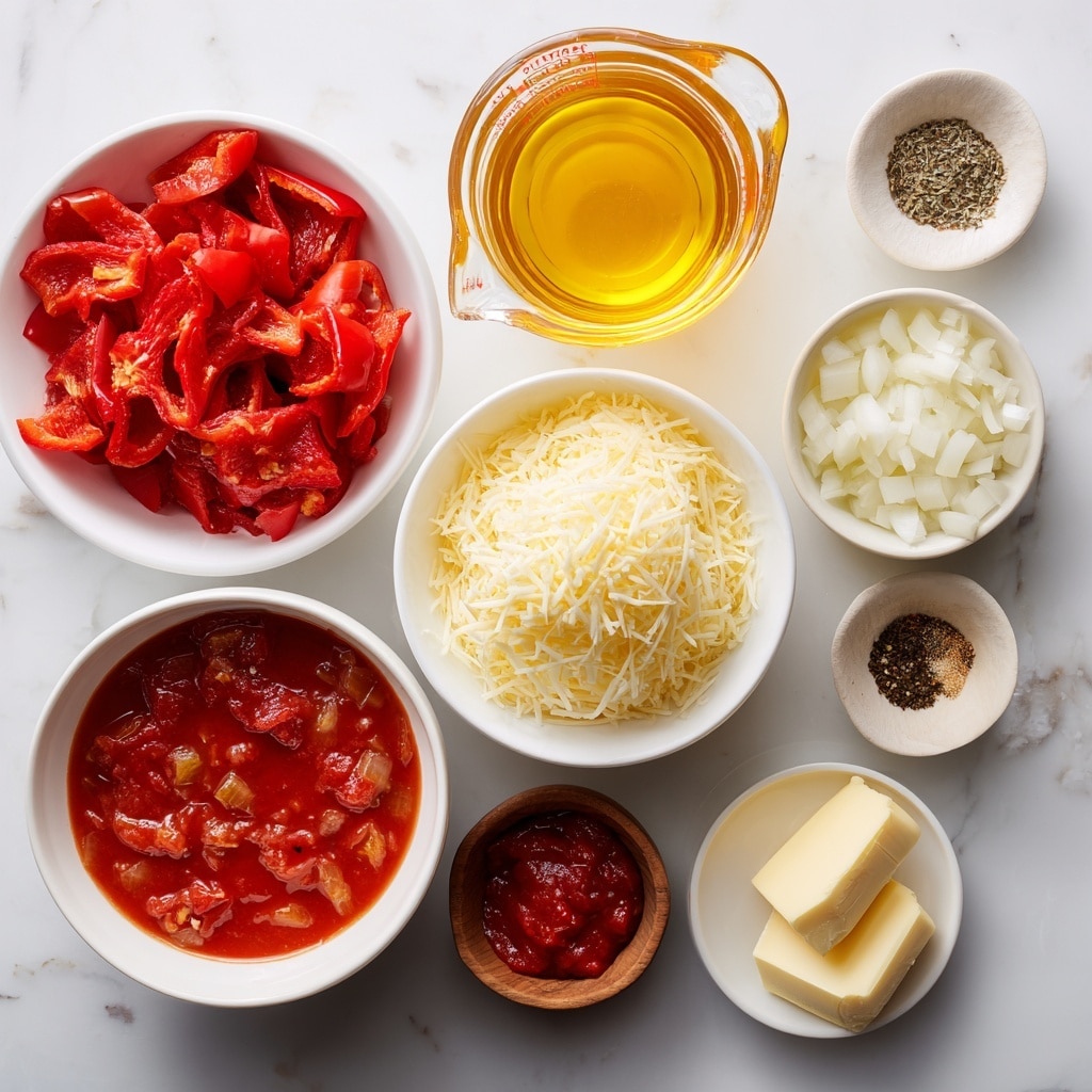 A white bowl with soft peeled roasted red peppers, showing bright red color and slightly wrinkled texture, placed near a white bowl of chunky tomato sauce with visible small pieces of tomato and olives, a clear glass measuring cup with golden yellow liquid broth, a white bowl filled with chopped white onions, a larger white bowl with a mound of shredded pale yellow cheese, small white and wooden bowls containing various spices like black pepper and salt, a few peeled garlic cloves, a small white bowl with tomato paste, and a small bowl with slices of butter, all arranged neatly on a white marbled surface, photo taken with an iphone --ar 4:5 --v 7