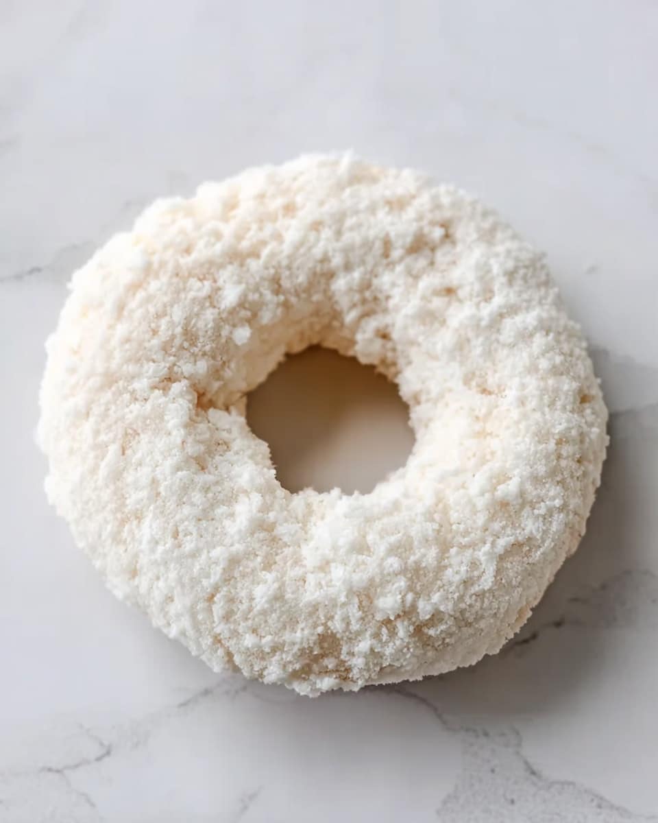 A close-up view of a single round donut with a hole in the middle, resting directly on a white marbled surface. The donut is covered in fine white sugar, giving it a soft, powdery texture. It has a slightly uneven, homemade look with a fluffy and light appearance. No other items or decorations are visible around it. photo taken with an iphone --ar 4:5 --v 7