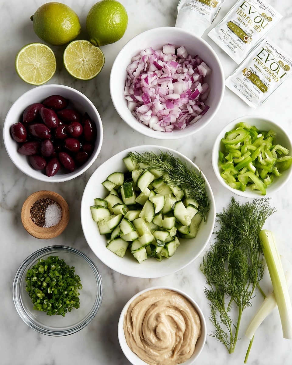 The image shows an overhead view of several bowls and containers with fresh ingredients arranged on a white marbled surface. At the center, a white bowl holds chopped cucumber pieces with dark green skin and light green inside. To the right, another white bowl contains bright green celery slices. Above it, a white bowl is filled with finely diced purple and white onions with a small sprig of dill on top. To the left, a small white bowl has chopped green jalapeño peppers, and next to it, a wooden small bowl holds finely chopped chives. There is also a small clear glass bowl with a mix of spices including black pepper and pink salt. At the bottom left, a clear bowl contains a smooth, thick beige sauce with a small dollop in the center. On the upper left, dark red olives sit in a white bowl, and next to them are two lime halves showing light green flesh. On the upper right, two white packets labeled EVOO Wild Yellowfin Tuna and a small bunch of green fresh dill are placed. Photo taken with an iphone --ar 4:5 --v 7