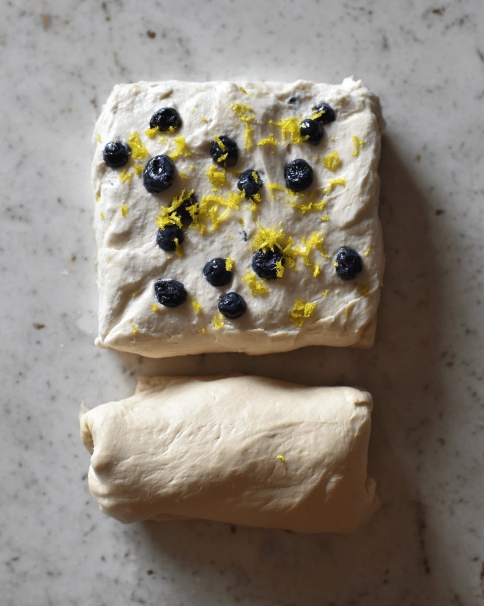 The image shows two pieces of dough lying on a white marbled surface. The top piece is a square shape with a soft, slightly bumpy texture, decorated with scattered dark blue blueberries and small yellow lemon zest pieces on its surface. The bottom piece is a simple rolled dough with a smooth, elastic texture, positioned below and partly overlapping the square dough. Photo taken with an iphone --ar 4:5 --v 7