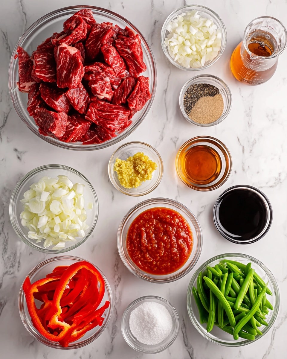 A top-down view of twelve small clear glass bowls and one measuring cup arranged on a white marbled surface, each filled with different ingredients for cooking. The largest bowl, near the top left, holds many slices of raw red beef with white marbling. Surrounding it are smaller bowls filled with coarse salt and black pepper, minced yellow ginger, minced white garlic, a bright red chunky tomato sauce, vibrant green snap peas in a white bowl, red bell pepper strips also in a white bowl, and white onion pieces in another clear glass bowl. Additional bowls contain light brown brown sugar, a small dark brown soy-like sauce, white powder (likely cornstarch), and a dark liquid in a clear cup, with a glass measuring cup holding an amber liquid, all neatly placed on the surface. photo taken with an iphone --ar 4:5 --v 7