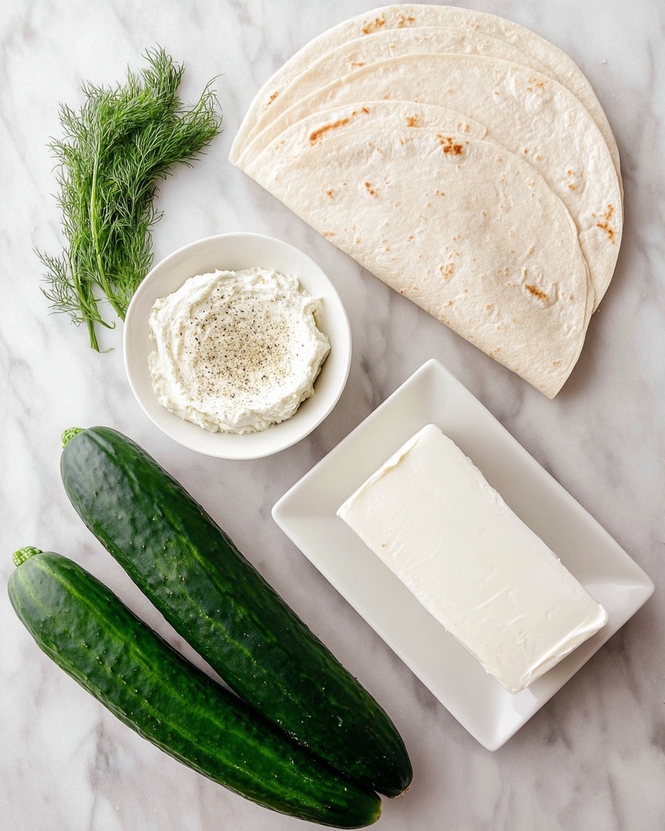 The image shows ingredients laid out on a white marbled surface, including two long, dark green cucumbers placed side by side at the bottom left. Above the cucumbers, there is a small white bowl filled with light-colored seasoning with visible specks. To the right is a white rectangular dish holding a smooth, white block of cream cheese. Toward the top right, there are three stacked folded white tortillas with slight brown spots. At the top left, a small bunch of fresh green dill lies next to the bowl. Photo taken with an iphone --ar 4:5 --v 7