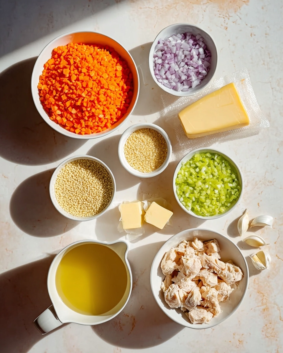 The image shows eight ingredients arranged on a white marbled surface. From top to bottom, there is a large white bowl filled with finely chopped bright orange carrots, a smaller white bowl with finely chopped pale purple shallots, and a white bowl holding small pale yellow grains, likely couscous. To the right, a white bowl filled with finely chopped light green celery is placed near two pieces of light yellow butter in a small white bowl and a wedge of pale yellow cheese wrapped in plastic. Below these, a white measuring cup holds a pale yellow liquid, probably broth, and lastly, a white bowl filled with small pieces of light beige cooked chicken is at the bottom. Three peeled garlic cloves rest loosely on the left side. The light and shadows suggest natural lighting from above. photo taken with an iphone --ar 4:5 --v 7
