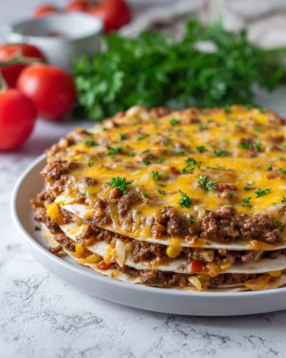 A slice of layered lasagna sits on a white plate with a floral edge, placed on a white marbled surface. The dish has three visible layers of soft pasta sheets with a rich mix of seasoned ground meat in brown, interspersed with melted yellow and white cheese. The top layer is thickly covered with browned ground meat, melted cheese, and finely chopped green herbs sprinkled over it. In the blurred background, halved tomatoes and another white plate with more lasagna are visible. Photo taken with an iphone --ar 4:5 --v 7