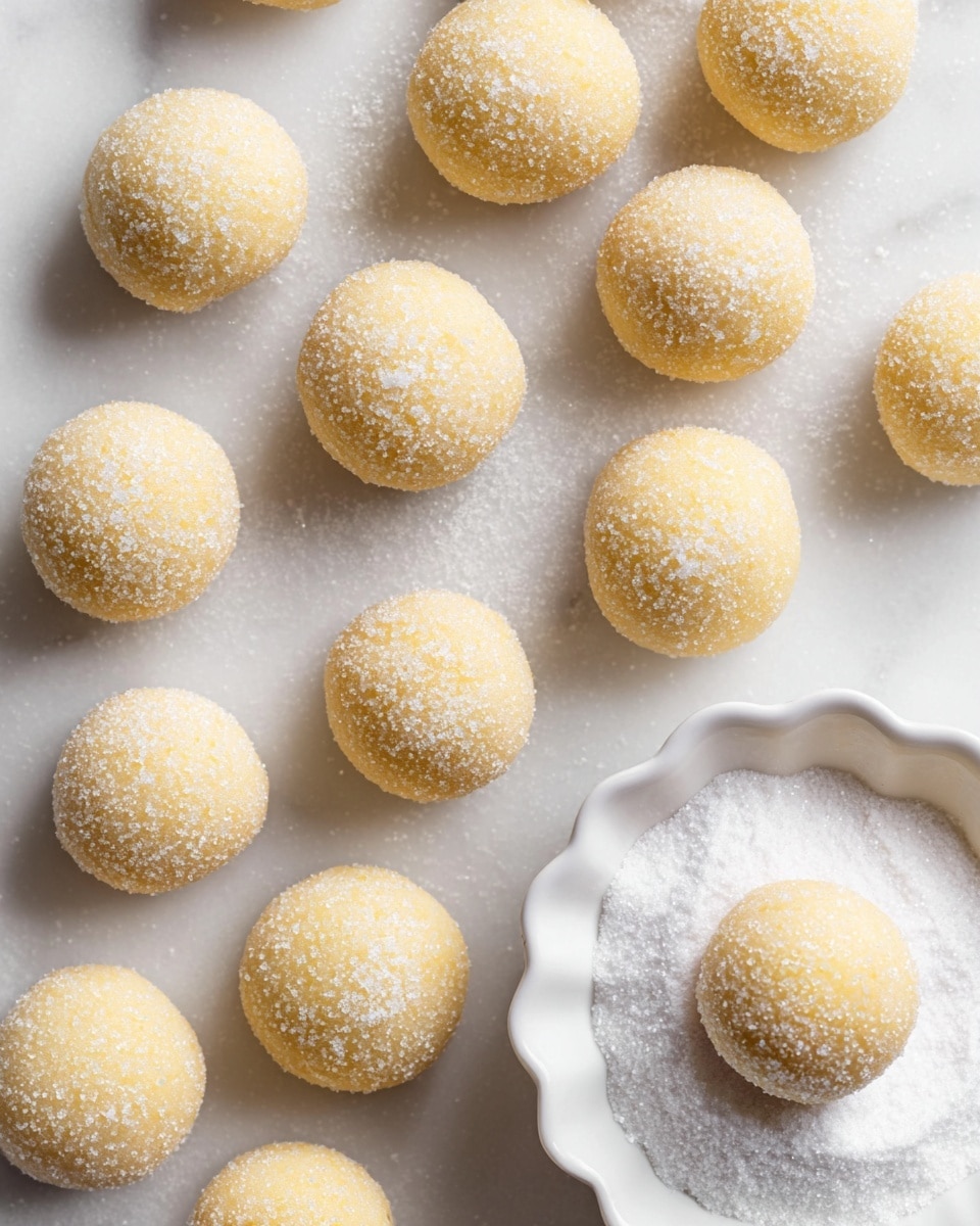 Many small round dough balls covered with white sugar are scattered on a white marbled surface. There is a white scalloped bowl on the lower right corner filled with white sugar, with one dough ball resting on top of the sugar inside the bowl. The dough balls have a light yellow color and a fine texture with sugar crystals on their surface, making them look soft and powdery. The arrangement is casual and gives a sense of fresh homemade treats photo taken with an iphone --ar 4:5 --v 7