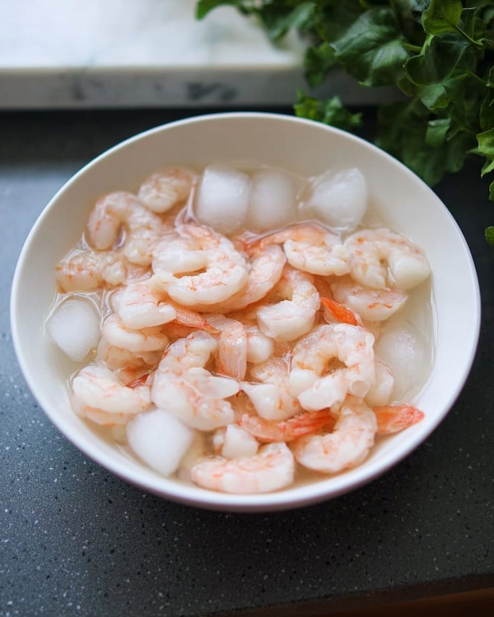 A white bowl filled with pieces of light pink shrimp and translucent white ice cubes submerged in clear water. The shrimp are spread out evenly, showing their soft, slightly curved shapes and gentle color variations from white to light orange. The bowl is placed on a dark gray surface with a green plant visible to the right on a white marbled background photo taken with an iphone --ar 4:5 --v 7