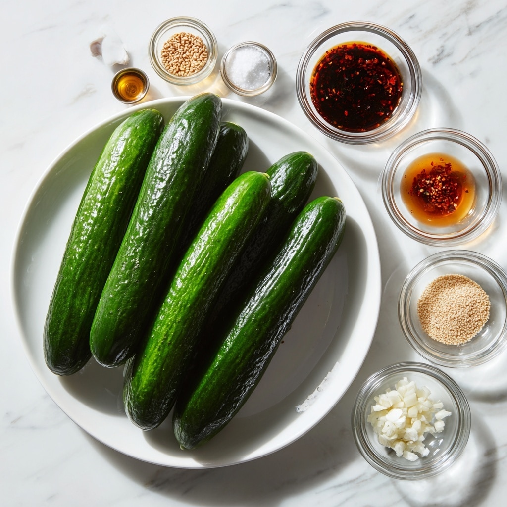 A white plate holds five long, fresh dark green cucumbers with shiny, slightly bumpy skin, arranged side by side. To the right of the plate, six small clear glass bowls are placed in a loose cluster on a white marbled surface. The bowls contain different ingredients: a dark red chili oil with visible chili pieces, coarse white salt, dark soy sauce, light brown sesame seeds, finely chopped white garlic, and clear rice vinegar. The scene is bright and clean, showing the fresh ingredients clearly. photo taken with an iphone --ar 4:5 --v 7