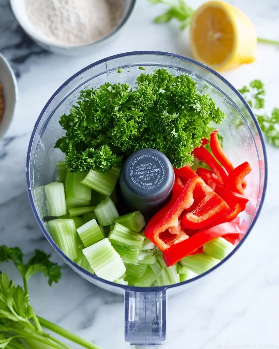 A clear food processor bowl on a white marbled surface holds several fresh ingredients. At the bottom layer, there are pieces of green bell pepper and pale green celery sticks. On top of them, bright red bell pepper slices add a pop of color. Fresh green parsley with leafy texture is placed on the very top, creating a vibrant mix of colors and textures inside the bowl. In the background, there is a halved lemon and a bowl with white powder, all set on the same white marbled surface. photo taken with an iphone --ar 4:5 --v 7