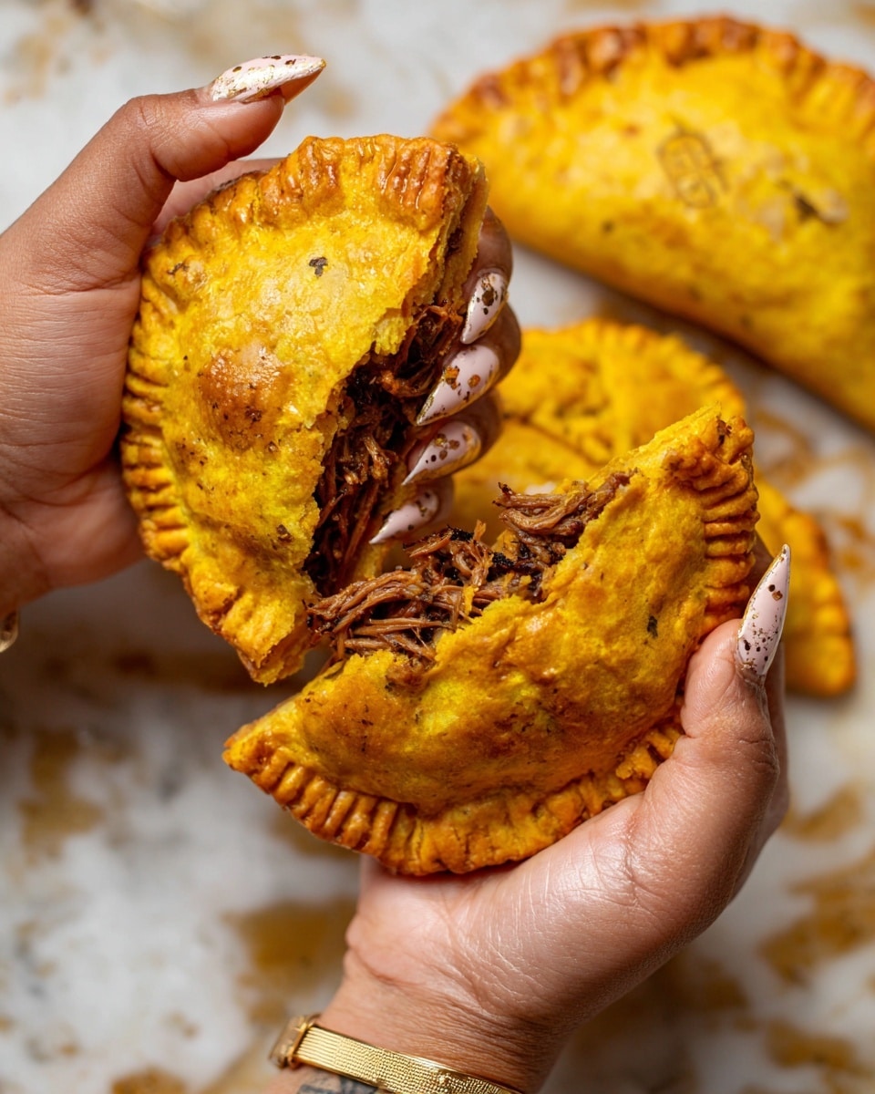 A close-up image showing a woman's hands holding a half-open golden yellow pastry filled with dark brown, shredded meat inside. The pastry has a textured, folded edge with fork marks and a slightly crispy surface. In the background, two similar golden yellow pastries rest on a white marbled texture, with some oily spots visible around them. The woman's nails are polished with a light beige base adorned with dark brown spots and gold flakes. Visible are a small cross tattoo and gold bracelet on the woman's wrists. photo taken with an iphone --ar 4:5 --v 7