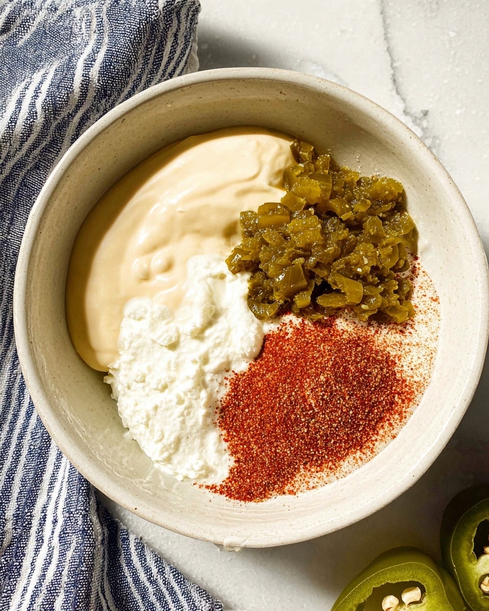 A white bowl holds four natural layers, each separated but close together. The largest layer is a thick, creamy light beige sauce with soft texture, placed mostly on the left side. Below it, spreading slightly to the left bottom, is a smooth white creamy layer with a soft, fluffy look. On the right bottom, there is a pile of finely ground reddish-brown spice mix with a dry texture. At the top right corner, there is a chunky green layer made of chopped pickled jalapeno pieces with a moist sheen. The bowl sits on a white marbled surface with a blue and white striped cloth nearby, and a partially sliced jalapeno is visible on the bottom right edge. Photo taken with an iphone --ar 4:5 --v 7