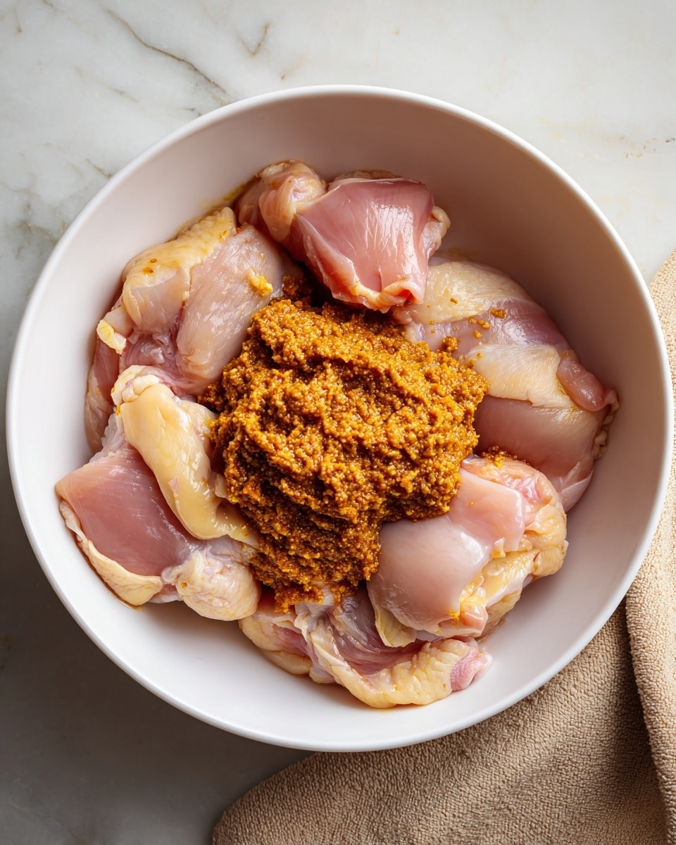 A white bowl full of raw chicken pieces with light pink skin and slight yellow fat parts, arranged in a circular shape. On top in the center, there is a thick dollop of a coarse, orange-brown spice paste with visible grains and textures. The bowl is placed on a white marbled surface, and a beige towel is visible on the right side. photo taken with an iphone --ar 4:5 --v 7