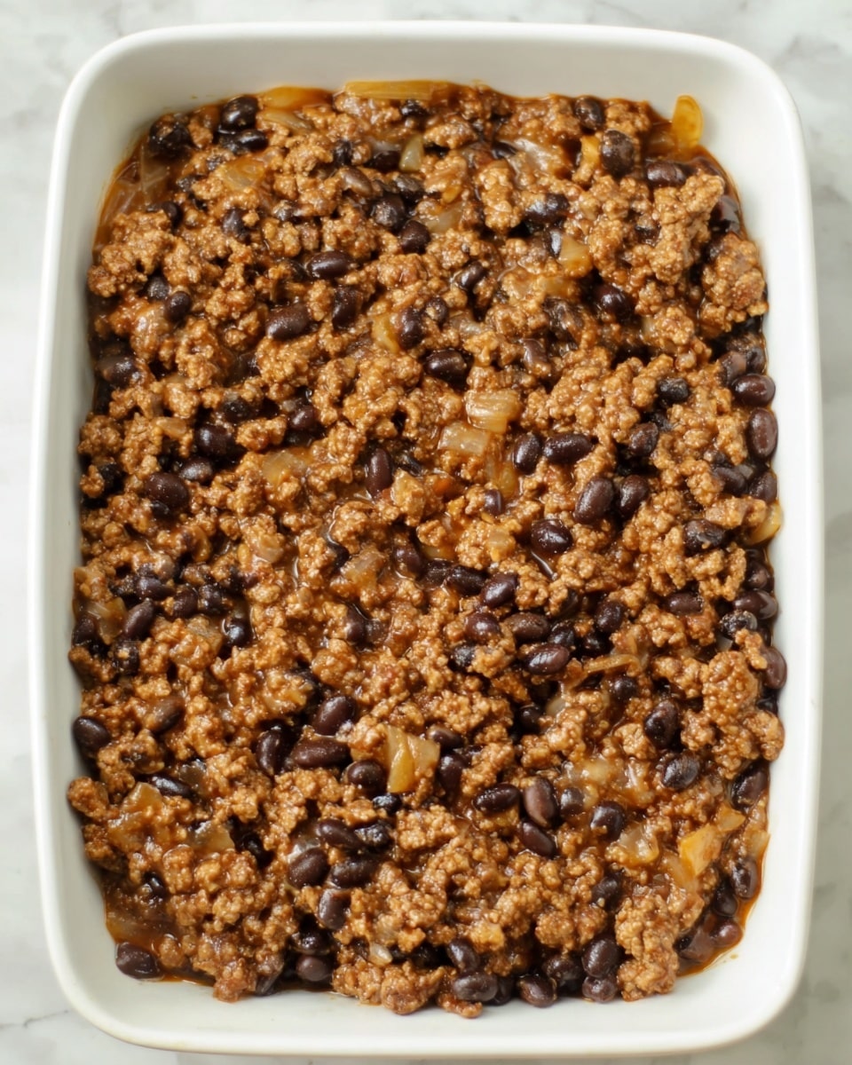 The image shows a white dish filled with a single layer of cooked ground meat mixed with black beans and small pieces of onion. The mixture is brown with a slight shine, indicating moisture, and the black beans are evenly spread throughout the meat. The dish has a textured but uniform top surface, filling the whole white rectangular dish, which is set on a white marbled surface. Photo taken with an iphone --ar 4:5 --v 7
