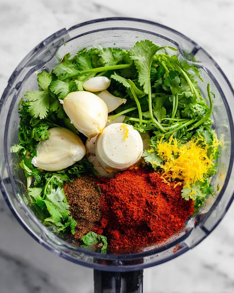 A clear food processor bowl filled with fresh green cilantro leaves and stems forming the base layer, with two whole peeled garlic cloves resting on top. Bright yellow lemon zest is sprinkled on one side, adding a vibrant touch, while a heap of red paprika and brown ground spices sits in the center. The ingredients create a colorful mix of green, white, yellow, red, and brown inside the transparent bowl, all placed on a surface with a white marbled texture. Photo taken with an iphone --ar 4:5 --v 7