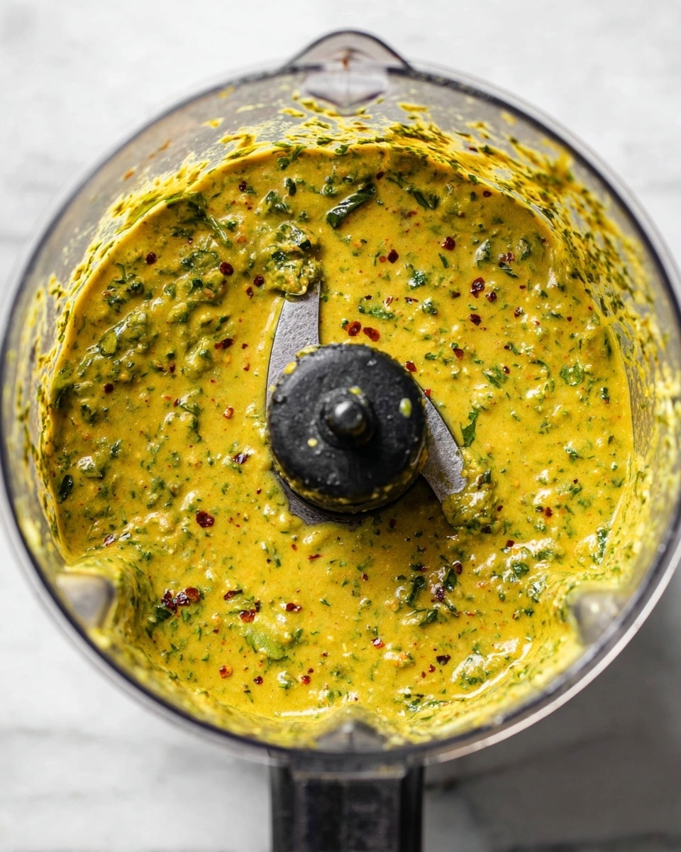 This image shows a close-up top view of a blender container filled with a thick green-yellow sauce with visible small chunks of herbs and spices, giving it a textured look. The sauce covers the container almost fully, with bits sticking to the sides. The blender blade is black and sits in the middle, partially covered with the sauce. Some darker green herb pieces and tiny specks of red spice are scattered within the sauce, showing a mix of colors and textures inside the container. The background is a white marbled surface. Photo taken with an iphone --ar 4:5 --v 7