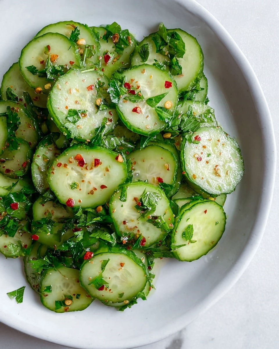 A close-up view of a white plate filled with thinly sliced cucumber rounds, each slice showing a smooth, pale green interior with a darker green edge. The cucumbers are mixed with fresh green leafy parsley pieces spread evenly throughout. The entire dish is sprinkled with small red flakes of chili pepper, adding a light contrast of color. The plate sits on a white marbled surface. photo taken with an iphone --ar 4:5 --v 7