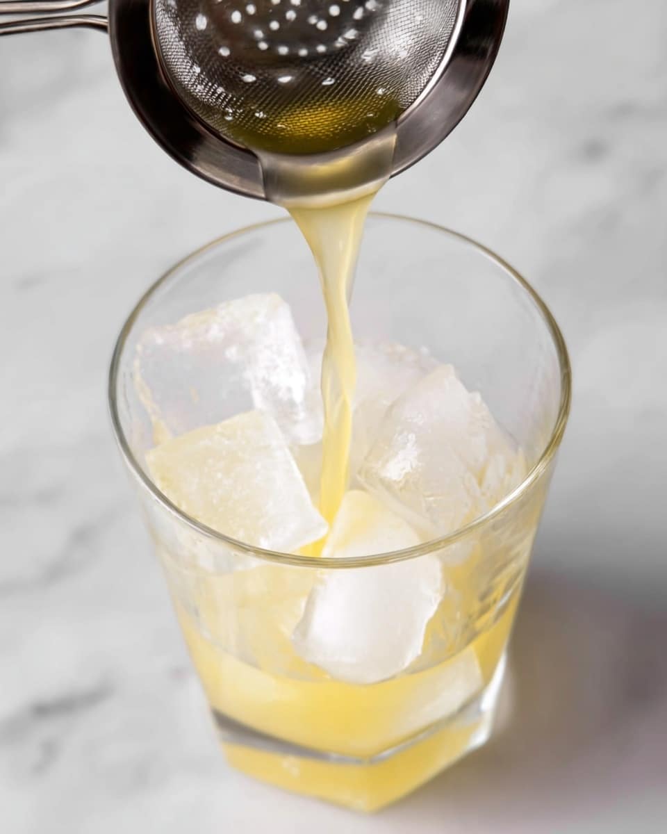 A clear glass is filled with several large ice cubes that have a smooth and slightly shiny texture. From above, a silver metal strainer with small round holes is pouring a light yellow liquid down in a thin, twisting stream into the glass. The yellow liquid contrasts softly with the white marbled surface beneath the glass and the soft gray-white background. The composition centers on the drink being poured, with the reflective steel strainer slightly blurred near the edges but sharply focused on the liquid flow. photo taken with an iphone --ar 4:5 --v 7