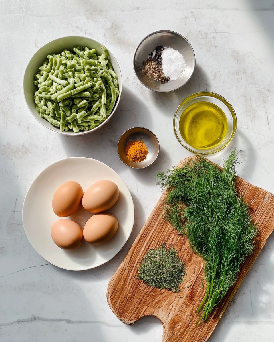 The image shows several ingredients arranged on a white marbled surface: a white bowl filled with green frozen beans at the top left, a small silver bowl with white salt, black pepper, and orange turmeric placed on the top center, a small clear glass bowl of yellow olive oil on the top right, a round white plate with four brown eggs in the center, a small bulb of garlic to the left, and a wooden cutting board at the bottom right holding a bunch of green fresh dill and a clear glass bowl filled with dried green herbs. The light is bright and natural. photo taken with an iphone --ar 4:5 --v 7