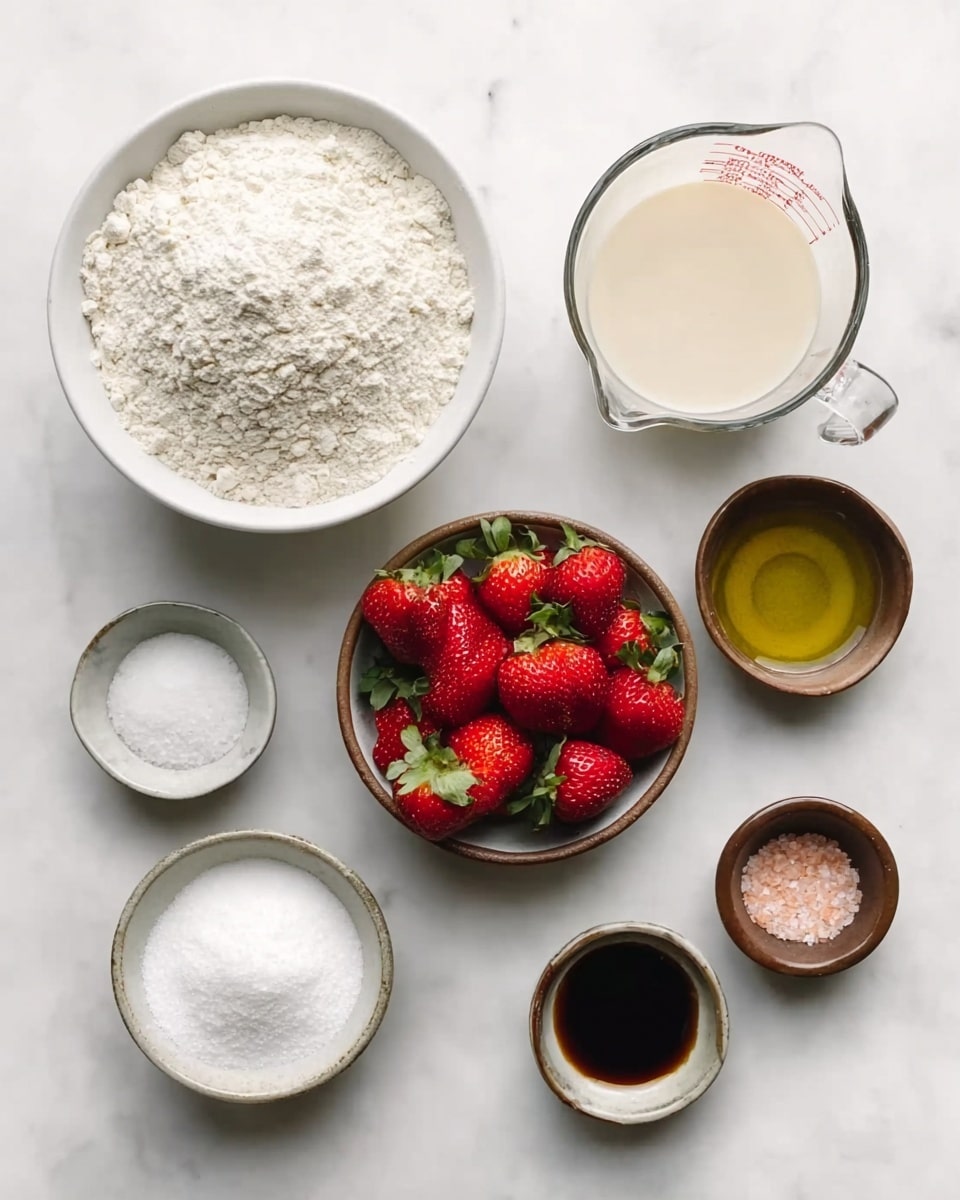 The image shows seven small white bowls and a brown bowl on a white marbled surface, each filled with different ingredients. Starting from the top left, a large white bowl holds a heap of flour with a slightly coarse texture. To its right, a clear glass measuring cup contains a pale, creamy liquid. Next to it is a small white bowl filled with a golden liquid that looks like oil. Below, a brown bowl in the center holds bright red strawberries with green leafy tops. To the left of the strawberries, a small white bowl contains off-white granulated sugar. Below the strawberries, a tiny white bowl has a dark brown liquid, probably vanilla extract. Lastly, on the right side, a small brown bowl is filled with white and pink coarse salt. All items are neatly arranged on the smooth white marbled surface, photo taken with an iphone --ar 4:5 --v 7