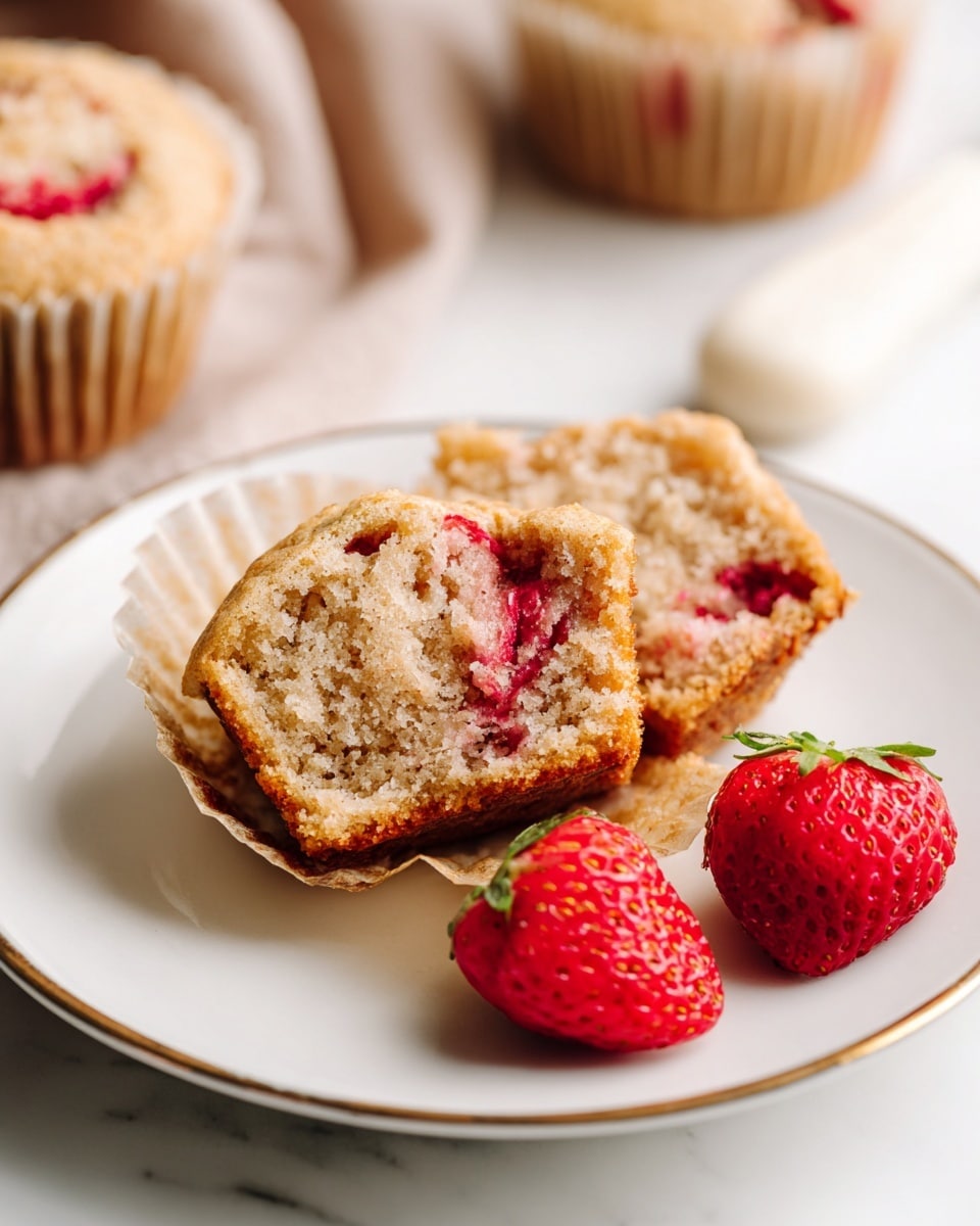A white plate with a thin gold rim holds a split strawberry muffin sitting inside a beige paper liner; the muffin has a light brown, soft, crumbly texture with visible pieces of red strawberries inside and on top. Next to the muffin halves are two fresh strawberry halves with bright red flesh and tiny seeds, placed on the white marbled surface. A blurred white and beige utensil and other whole muffins appear in the background. photo taken with an iphone --ar 4:5 --v 7