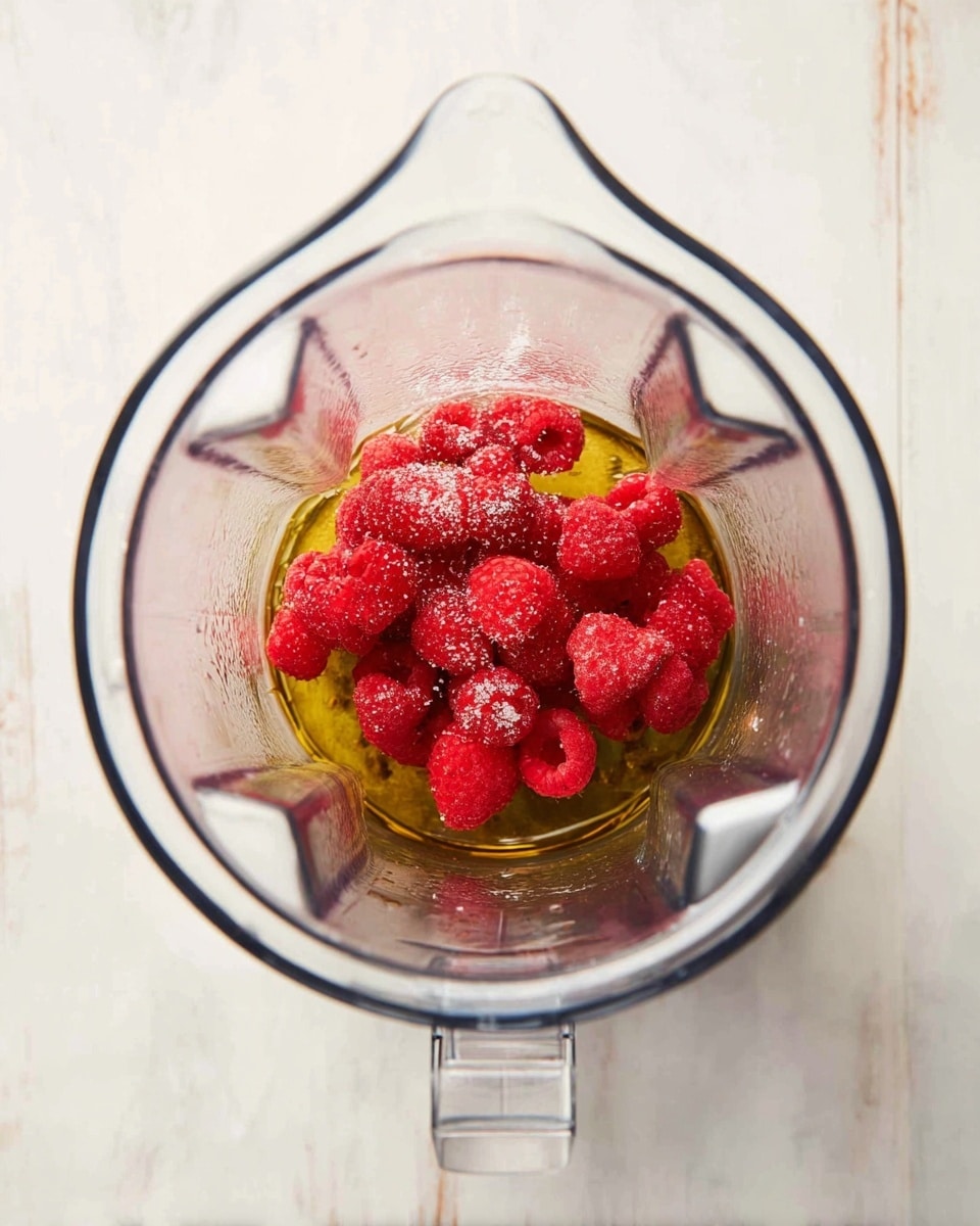 The image shows a clear blender jar from above, containing three main layers at the bottom center. The base layer is a golden yellow liquid with a shiny texture, most likely oil or syrup, covering the bottom. Above this is a cluster of bright red raspberries, several whole and some partially pressed, with their textured surface and seeds visible. On top of the raspberries, small whitish granules of sugar or powder are scattered unevenly. The blender sits on a white marbled surface. photo taken with an iphone --ar 4:5 --v 7