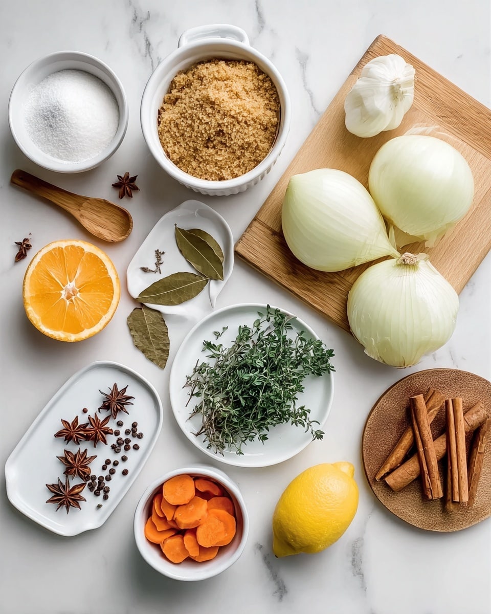 A top view of various cooking ingredients arranged neatly on a white marbled surface, including a white bowl with white sugar and a small wooden spoon on the top left; a halved orange with bright orange color next to it; a white bowl filled with light brown sugar and a small wooden spoon above center; a light wooden cutting board on the top right holding four large white onion wedges; a small white dish on the middle left with several dry bay leaves; a round white dish below it with star anise pieces; a small white plate in the middle holding fresh green herbs including thyme and oregano; a cluster of four cinnamon sticks above center right; a round wooden coaster holding a garlic bulb on the right; a small white bowl filled with evenly sliced orange carrots below the cinnamon sticks; and a whole yellow lemon on the bottom right. The items are spaced out and displayed clearly with natural lighting photo taken with an iphone --ar 4:5 --v 7