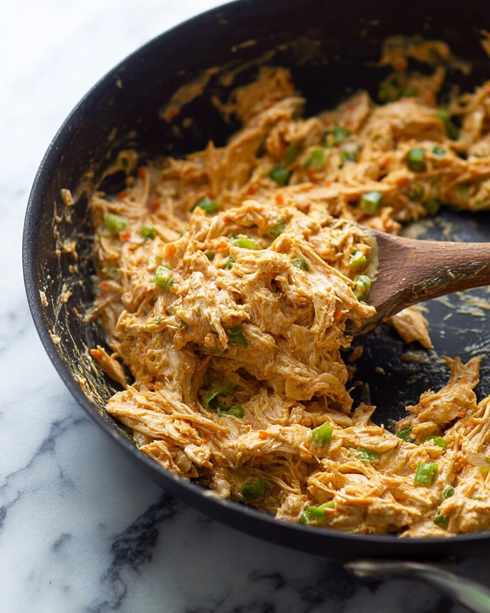 The image shows a close-up of a dark pan filled with a creamy, shredded chicken mixture that has a light orange color with small green pieces scattered throughout. A wooden spoon coated with the same mixture rests inside the pan, partially lifting some of the shredded chicken blend. The texture looks soft and moist with visible strands of chicken and bits of vegetables mixed in, all sitting on a white marbled surface in soft natural light. Photo taken with an iphone --ar 4:5 --v 7
