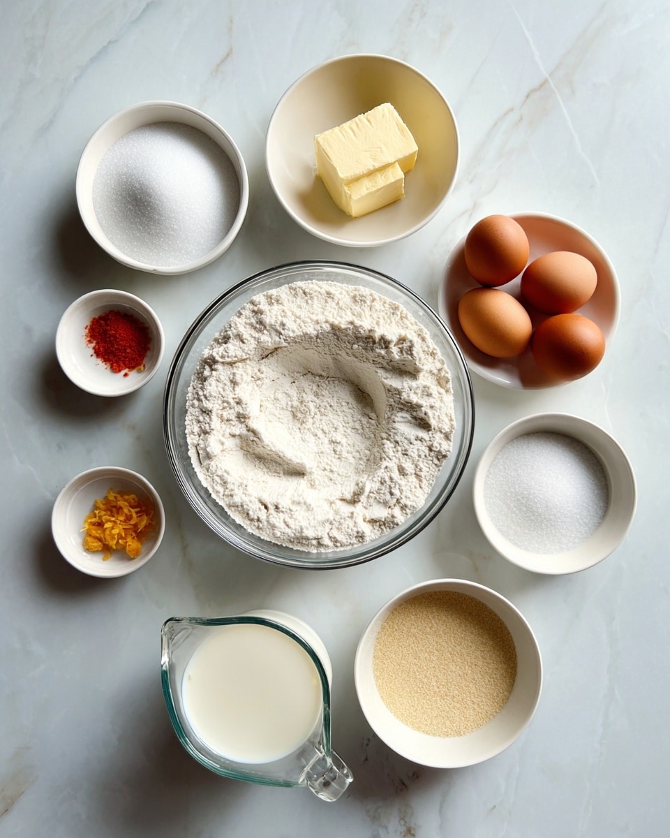 A top-down view shows eight small white bowls and one clear glass measuring cup arranged on a white marbled surface. In the center is a large clear glass bowl filled with white flour with a small, smooth indentation in the middle. Clockwise from the top are: a white bowl with white granulated sugar, a white bowl with a chunk of light yellow butter, an empty white bowl, a white bowl with a small pile of orange zest, a white bowl holding three brown eggs, the clear glass measuring cup with white milk, a small white bowl with coarse salt, and a small white bowl with light beige yeast granules. The setup is neat and simple, suggesting preparation for baking photo taken with an iphone --ar 4:5 --v 7