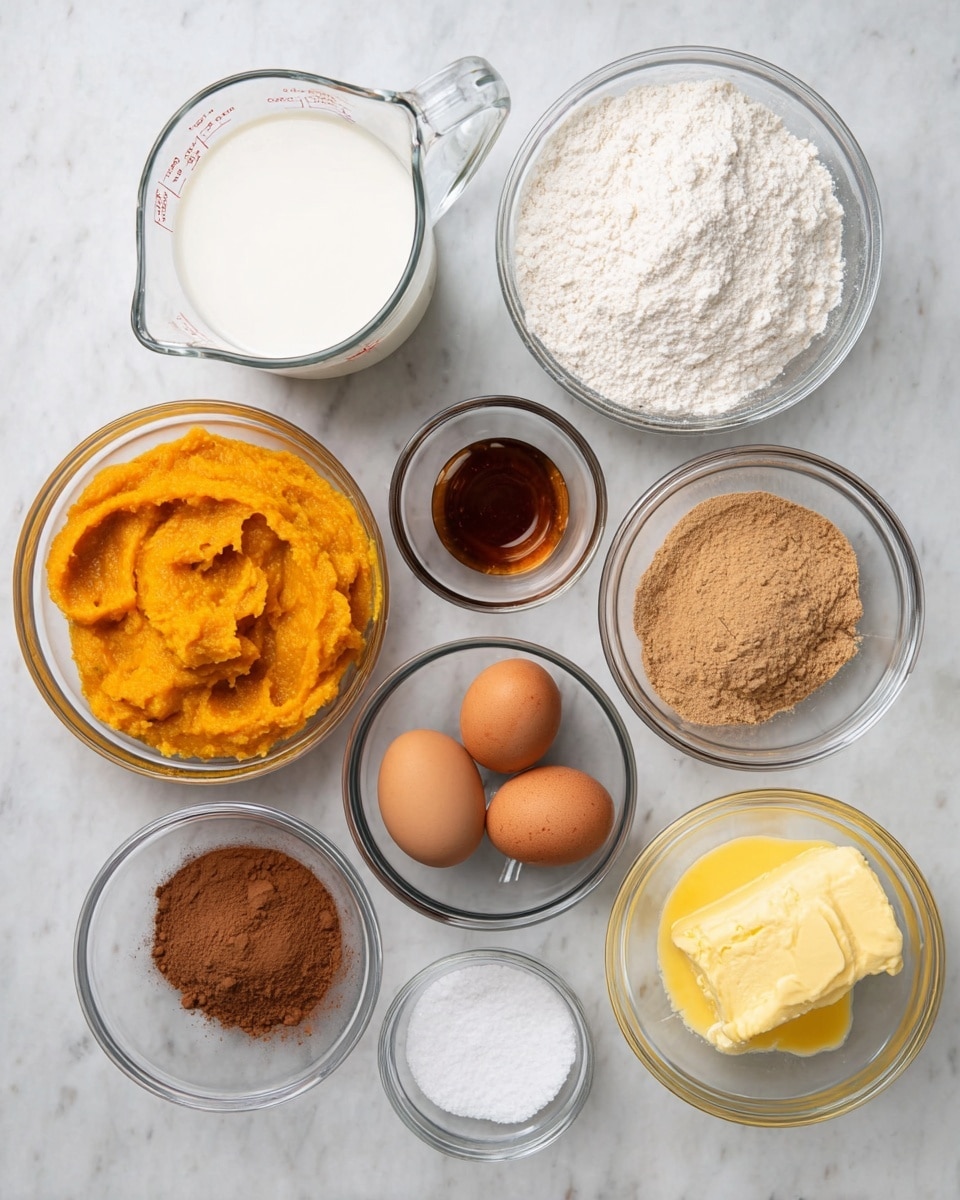 The image shows eight clear glass bowls and a measuring cup arranged on a white marbled surface. In the top left, the measuring cup holds white milk. Below it is a bowl filled with bright orange smooth pumpkin puree. To the right of the pumpkin puree is a bowl with white flour. Above the flour is a bowl of light brown soft brown sugar. Next to the sugar, a smaller bowl has dark brown vanilla extract. To the right of the vanilla is a bowl containing two brown eggs. Above the eggs is a bowl with a mix of dark brown cocoa powder and white baking soda and salt. Lastly, to the right of the flour is a bowl of melted yellow butter. The items are evenly spaced and well lit, showing a clear view of the textures and colors. Photo taken with an iphone --ar 4:5 --v 7