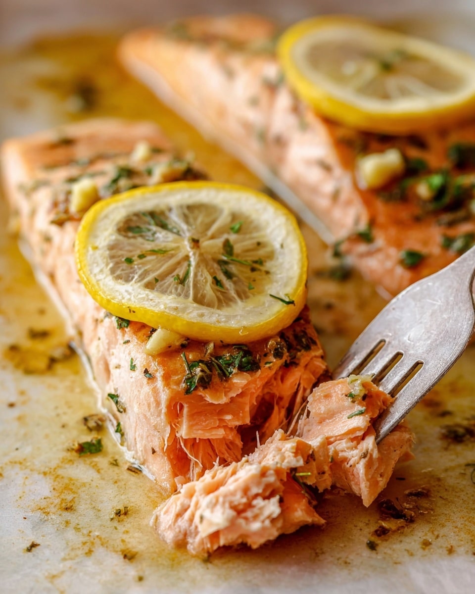 The image shows two cooked salmon fillets lying on a white marbled surface. Each fillet is topped with a thin, bright yellow lemon slice. The salmon has a soft pink color with visible flakes and is sprinkled with green herbs and small bits of garlic. One fillet is in the foreground with a silver fork gently breaking apart pieces of the salmon, showing its tender texture. The background has a warm, moist look from the sauce and juices around the fish. Photo taken with an iphone --ar 4:5 --v 7