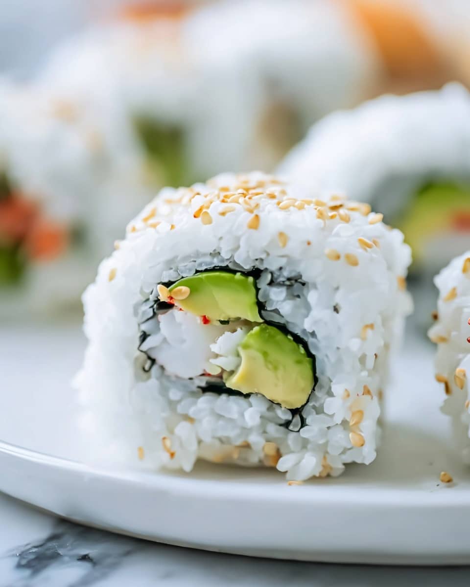The image shows a close-up of a single sushi roll on a white plate, placed on a white marbled surface. The sushi roll has three visible layers: the outer layer is white sticky rice sprinkled with light tan sesame seeds, the middle layer is a thin dark seaweed wrap, and the inner layer includes bright green avocado pieces and pale white crab stick with a small hint of orange on the crab stick. The rice looks fluffy and soft, while the avocado is smooth and fresh. The background is blurred with more sushi rolls in soft focus. The photo taken with an iphone --ar 4:5 --v 7