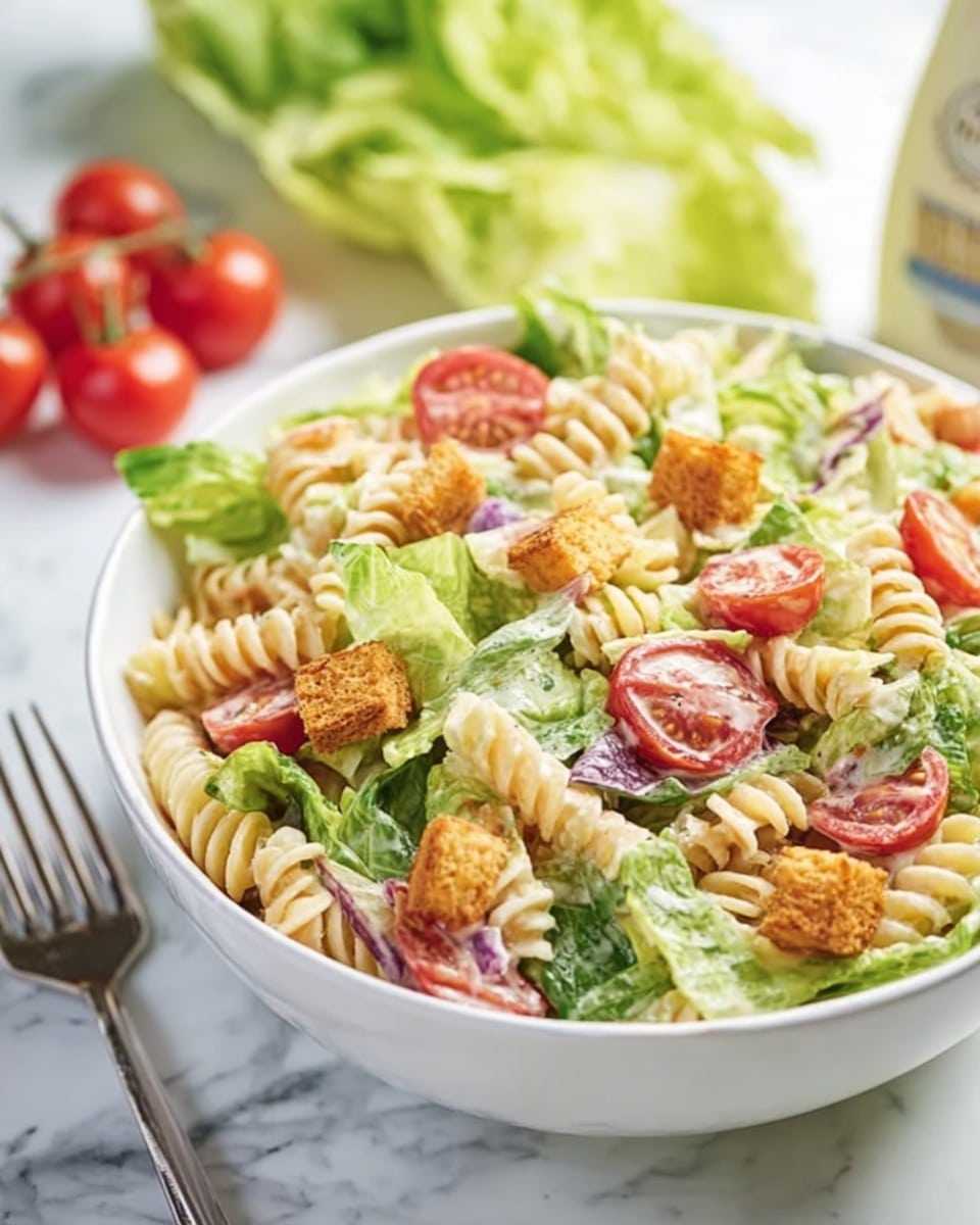 A white bowl filled with a three-layer salad: the bottom layer is a bright green mix of chopped lettuce leaves, the middle layer features spiral-shaped cream-colored pasta, and the top layer is scattered with halved red cherry tomatoes and crunchy golden-brown croutons, all mixed evenly. The bowl sits on a white marbled surface with loose lettuce leaves and whole cherry tomatoes blurred in the background, and a silver fork nearby. Photo taken with an iphone --ar 4:5 --v 7