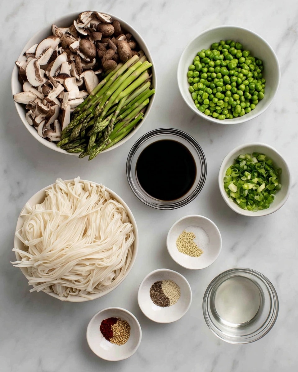 A top-down view shows several white bowls and a pile of flat white noodles on a white marbled surface. The largest bowl at the top left holds three layers of raw ingredients divided evenly: light brown mushroom slices on the left, bright green asparagus cut into pieces on the right, and asparagus tips on the upper side. Below it, a smaller white bowl contains frozen green peas. To the right of the noodles, a small white bowl holds finely chopped green onions, next to a clear glass bowl filled with dark soy sauce. Near them are four small white bowls, each with different spices or seasonings: white sesame seeds, a mix of salt, black pepper, and chili flakes, and a blend of minced garlic and ginger powder. A final small clear bowl with a clear liquid sits near the bottom right. photo taken with an iphone --ar 4:5 --v 7