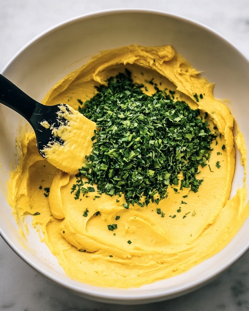 A white bowl sits on a white marbled surface filled with a thick, smooth bright yellow mixture that covers the bottom and rises slightly along the sides. On top of the yellow base is a pile of finely chopped fresh green herbs, centered in the bowl. A black spatula is inserted into the mixture on the left side, with some yellow mixture clinging to it. The light shines softly, highlighting the creamy texture of the yellow layer and the fresh, leafy texture of the herb layer photo taken with an iphone --ar 4:5 --v 7