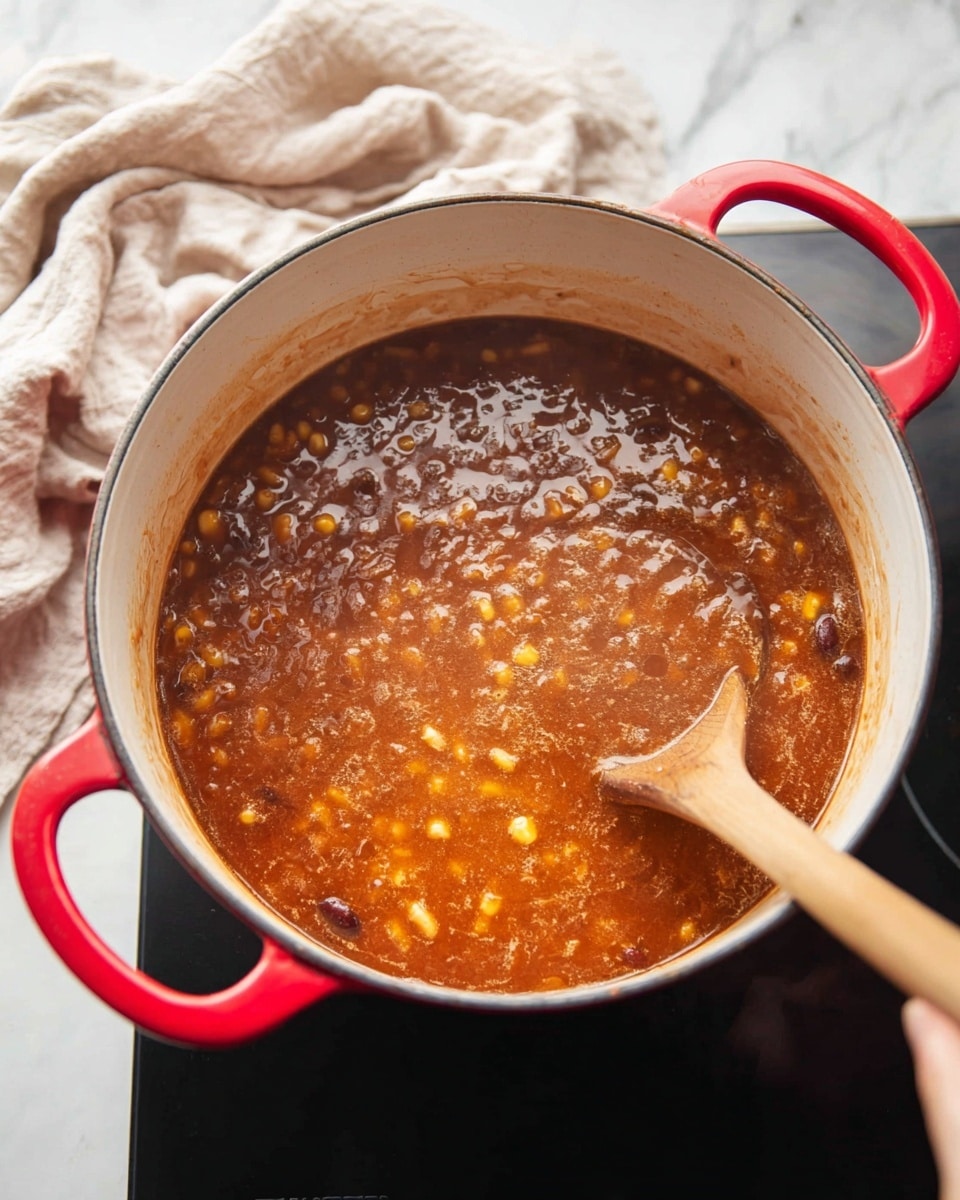 A red pot with white inside filled with a thick, bubbling soup or stew that has a reddish-brown color with small visible bits of yellow corn and darker beans or similar ingredients mixed throughout. A wooden spoon is stirring the mixture on the right side, with a woman's hand holding it visible at the edge. The pot sits on a black stove surface, and in the background, there is a soft, beige cloth with a white marbled surface underneath. photo taken with an iphone --ar 4:5 --v 7