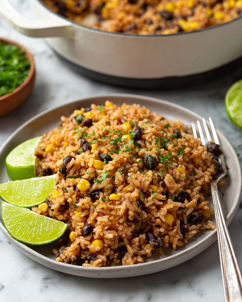 A heap of cooked rice mixed with black beans and yellow corn sits on a round white plate, with finely chopped green herbs sprinkled on top. The rice looks soft and orange-brown in color, with beans and corn evenly spread throughout. On the left side of the plate, three wedges of bright green lime rest neatly. A silver fork lies on the right edge of the plate. In the background, a large white pot filled with more rice, beans, and corn is slightly out of focus. The surface beneath everything is white marble. photo taken with an iphone --ar 4:5 --v 7