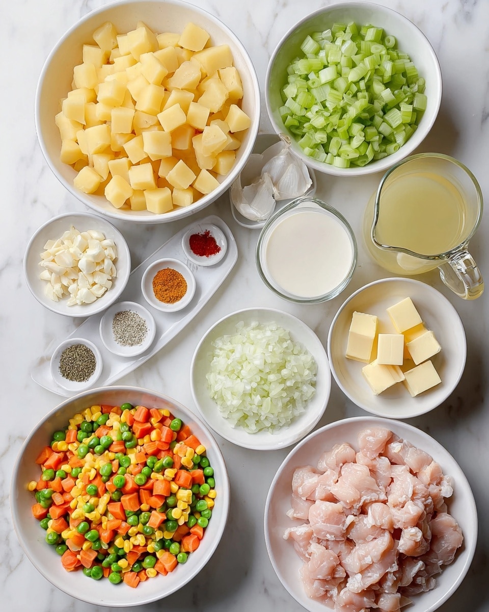 Several white bowls and a white plate are arranged on a white marbled surface, each filled with different ingredients. In the center, a large white bowl holds many small yellow potato cubes. Above it, another white bowl contains chopped light green celery pieces. To the right, a glass jug holds a light yellow liquid with a small glass of white cream beside it and a small white plate with pale yellow butter cubes. Below the celery, a white bowl is filled with finely chopped white onion. On the left, a small white plate has minced garlic, while beside it a small white plate displays different spices in colorful piles—black pepper, dried herbs, red paprika, salt, and garlic powder. At the bottom left, a large white bowl is full of frozen mixed vegetables including orange carrot pieces, yellow corn, green peas, and green beans. Lastly, at the bottom right, a large white plate contains raw diced chicken in light pink tones. photo taken with an iphone --ar 4:5 --v 7