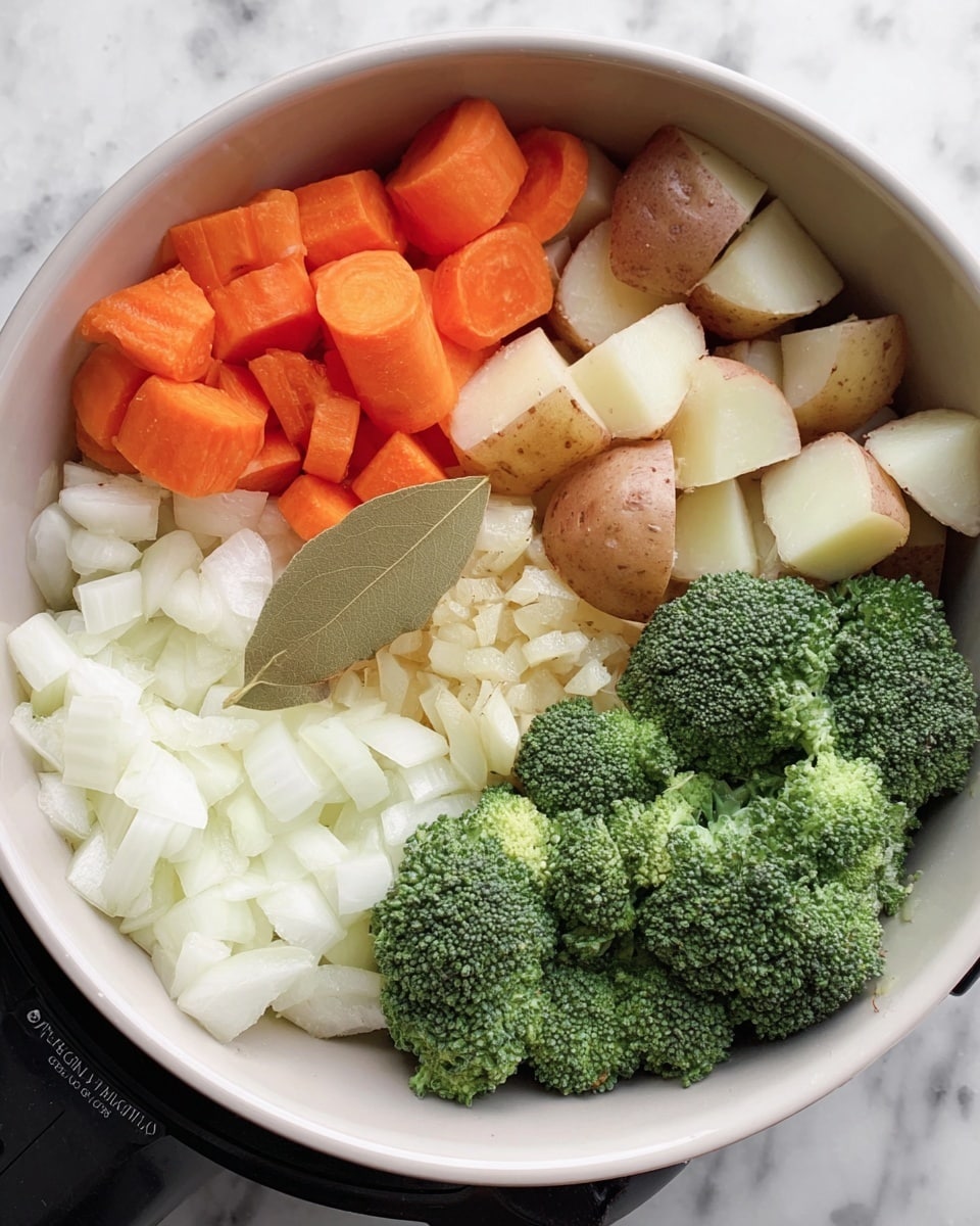 Inside a white bowl, there are five groups of fresh vegetables placed side by side: at the top left, orange carrot slices cut in half; below the carrots, light brown potato chunks with skin; in the center, a pile of small white diced onions with a beige bay leaf on top; above the onions, a few small bits of minced garlic; and on the right, several bright green broccoli florets with visible stems. The bowl rests on a white marbled surface. photo taken with an iphone --ar 4:5 --v 7