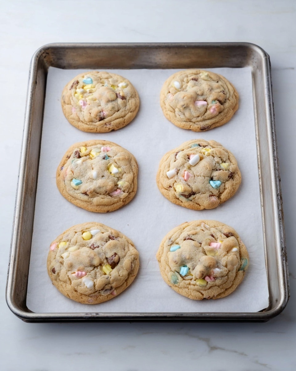A metal baking tray lined with white parchment paper holds six round cookies, arranged in two rows of three. Each cookie is light golden brown with a slightly darker edge, showing a rough texture dotted with small pieces of chocolate and colorful candy bits in pastel shades of yellow, pink, blue, and white. The cookies have a soft, slightly puffy appearance with a few cracks on the surface. The tray sits on a white marbled surface, giving a clean and bright background to the cookies. Photo taken with an iphone --ar 4:5 --v 7