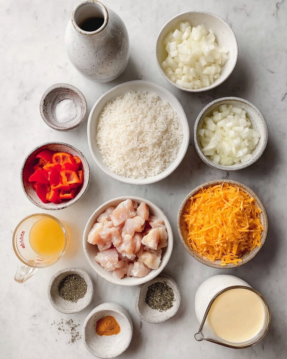 A flat lay image shows 11 containers with ingredients arranged on a white marbled surface. At the top center is a white bowl filled with white rice, and to its right is a white bowl with chopped white onions. Below the rice bowl and to the left is a white bowl full of diced raw chicken pieces. To the left of the chicken bowl, a smaller white bowl contains chopped red bell peppers. On the bottom right, a large white bowl holds shredded orange cheese. Several small rustic stone bowls containing salt, pepper, dried herbs, minced garlic, and a powdery spice are scattered around. There is a glass measuring cup with a yellow liquid at the bottom left and a glass jug with a creamy white sauce at the bottom right. A speckled white ceramic bottle with a metal spout is placed on the upper left side. The arrangement looks neat and organized. Photo taken with an iphone --ar 4:5 --v 7