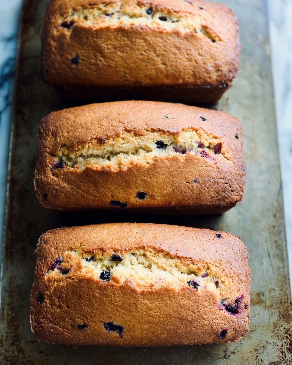 The image shows three baked loaves of bread lined up vertically on an old baking tray. Each loaf has a golden brown crust with a slightly cracked top and a soft, spongy texture visible on the sides. There are small dark spots inside the bread, likely blueberries, scattered throughout. The surface beneath the tray is a white marbled texture. photo taken with an iphone --ar 4:5 --v 7