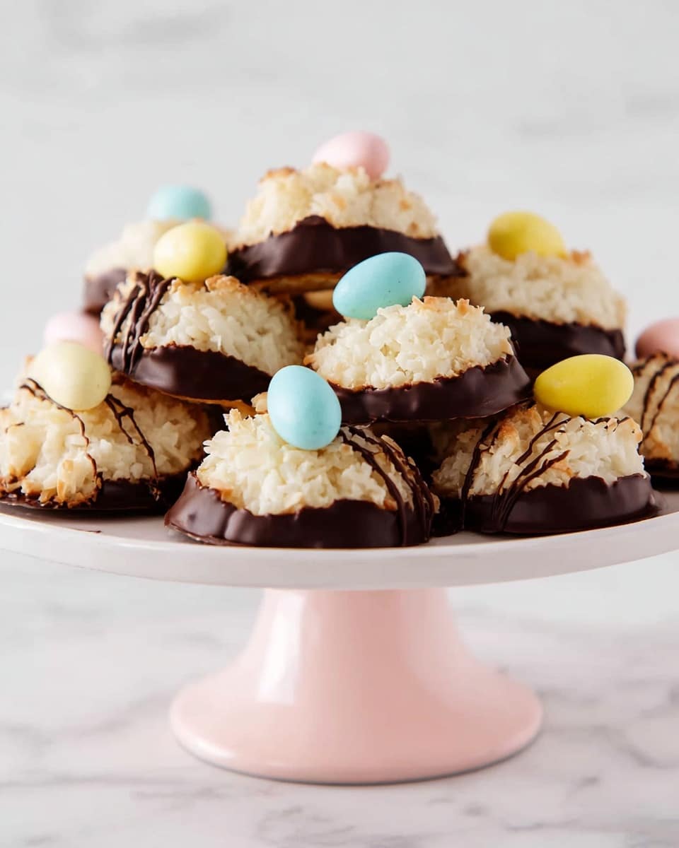 The image shows a pile of small, dome-shaped coconut cookies on a white cake stand with a pale pink base. Each cookie has three parts: the bottom half is dipped in smooth dark chocolate, the top half is a textured creamy white coconut, and on some, thin dark chocolate lines drizzle over the coconut top. The cookies stacked in layers, some arranged on the stand's surface and some leaning against each other. On top of a few cookies, there are small, pastel-colored egg-shaped candies in soft yellow, blue, and pink, adding a playful and colorful touch. The background is a white marbled texture. photo taken with an iphone --ar 4:5 --v 7