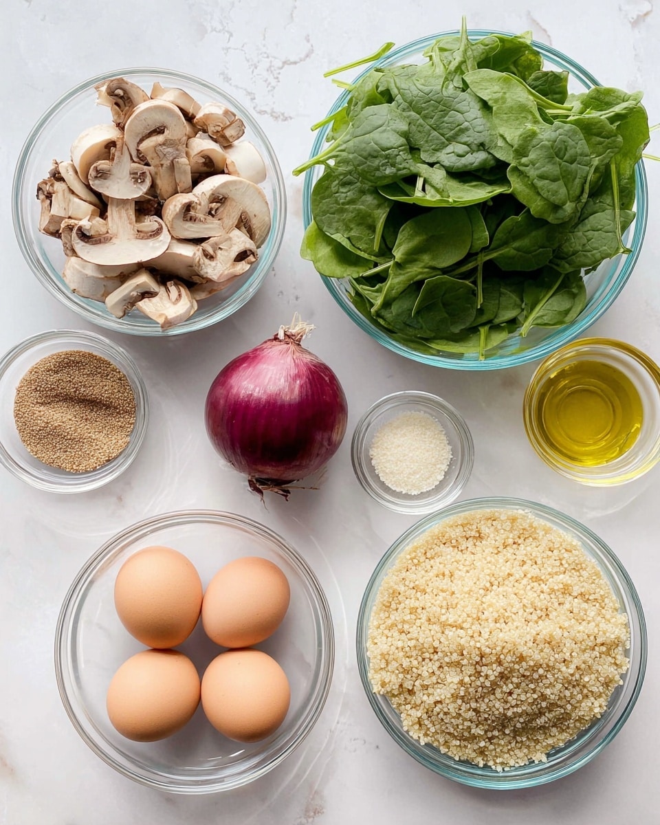 The image shows several clear glass bowls arranged on a white marbled surface. In the top left, there is a bowl filled with sliced light brown mushrooms showing their texture. Below that, a large bowl contains fresh green spinach leaves with visible veins and stems. Near the center, there is a whole red onion with smooth purple skin. To the right, a medium bowl holds four smooth brown eggs. Below it on the right side, a bowl contains fluffy beige cooked quinoa. Small bowls and bottles are filled with ground spices, white salt, and yellow olive oil, all neatly placed near the eggs and quinoa. The arrangement is clean and bright with natural colors, photo taken with an iphone --ar 4:5 --v 7
