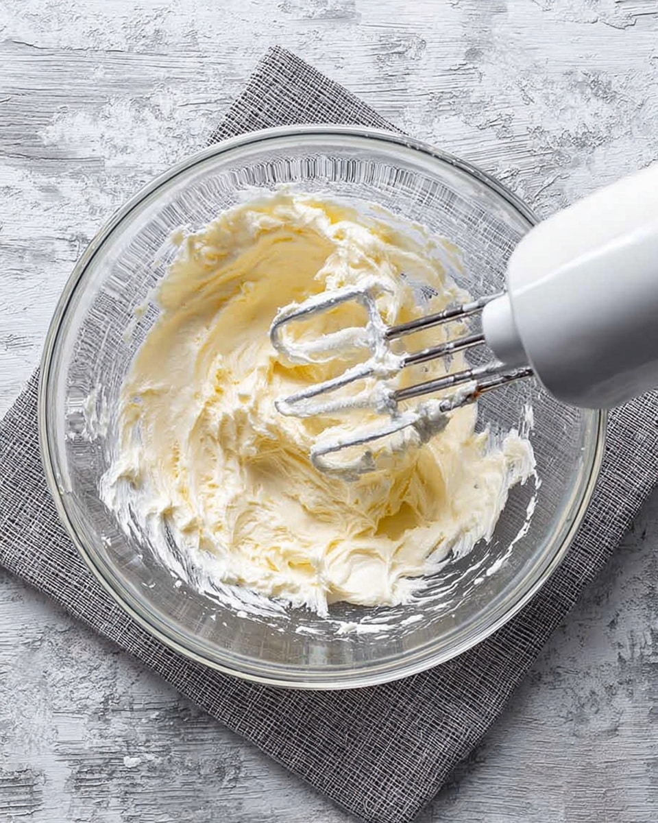A clear glass bowl contains a thick, creamy off-white mixture being mixed with a white electric mixer with two beaters. The bowl is sitting on a grey lined cloth on top of a white marbled surface. The creamy mixture is gathered around the beaters with some parts stuck to them, showing a soft and smooth texture. Photo taken with an iphone --ar 4:5 --v 7
